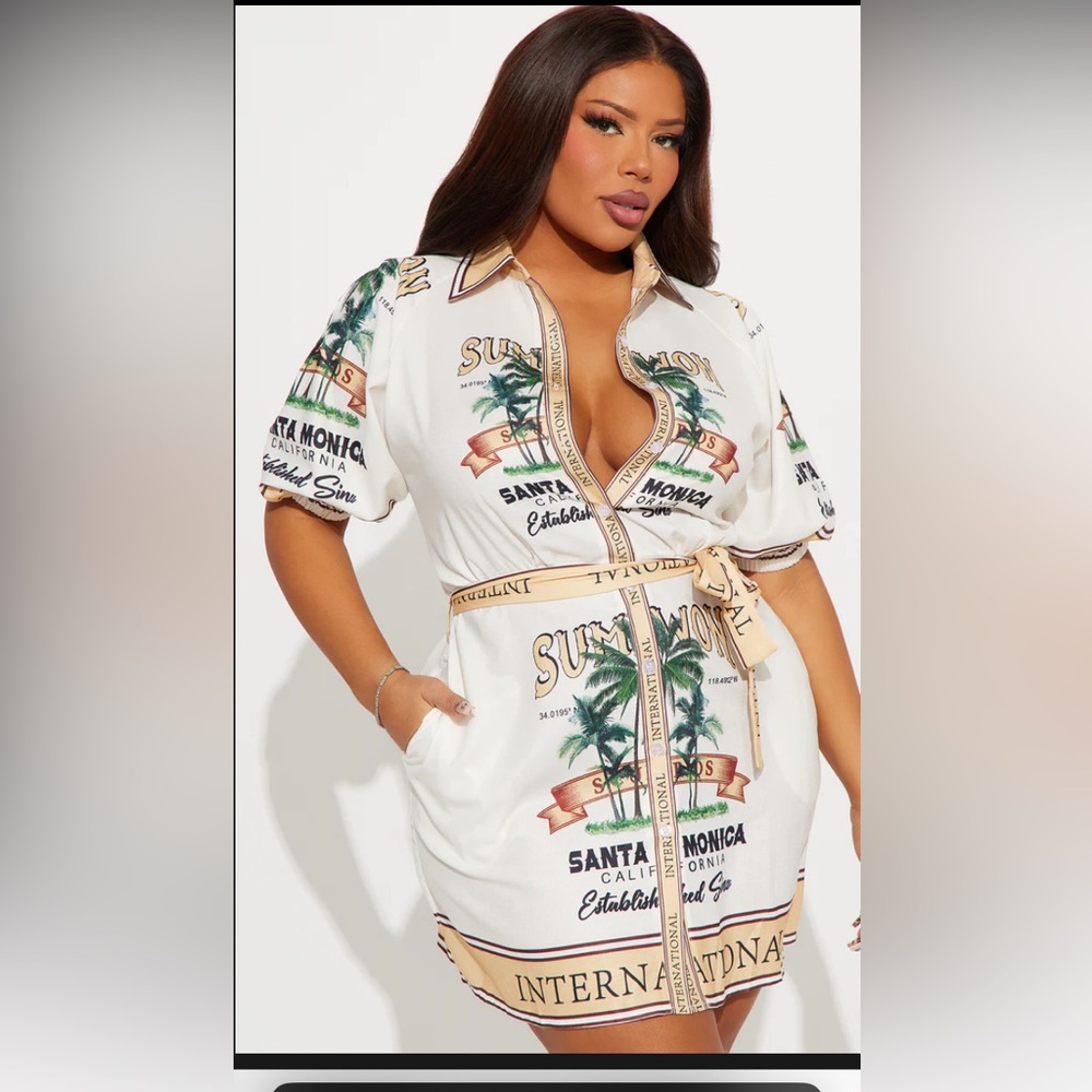 Fashion Nova White & Green Tropical Shirt Dress